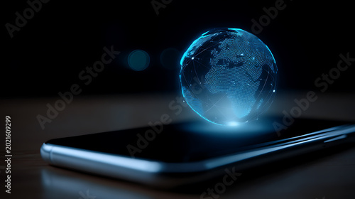 Digital communication concept of global network connection on dark background, phone hologram network globe, connect everywhere, modern technology