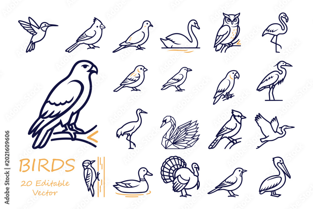 Fototapeta premium Minimalist bird line art icons collection featuring eagle owl flamingo and parrot silhouettes.