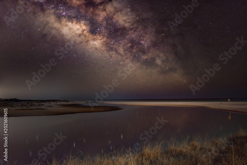 Photography The Milky Way stretches above a quiet coastal inlet as soft reflections fade into the night
