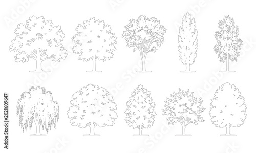 Tableau sur toile CAD line art bushy canopy, cypress and weeping tree side view elevation set, outline oval round and broad deciduous tree symbols for architectural landscape design plans