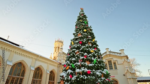 Russia, Peterhof, decorated Christmas tree near the Novy Peterhof railway station on a frosty winter day, New Year's decoration of the station