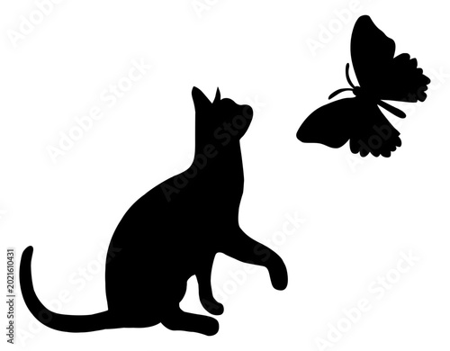 Cat and Butterfly Silhouette Vector - Black Animal Cutout Illustration Isolated on White
