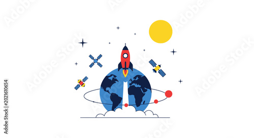 Tableau sur toile Rocket Launching from Earth into Space with Satellites and Sun