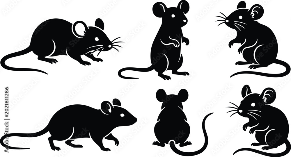 Obraz premium Black silhouette mice set six poses showing side profile rear and upright views in black and white vector art