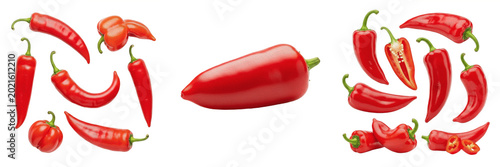 Fotografie Single Fresh Red Jalapeno Chilli Pepper Placed Horizontally Isolated on White Ba