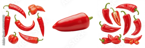 Obraz  z motywem Single Fresh Red Jalapeno Chilli Pepper Placed Horizontally Isolated on White Background for Hot Spicy Food Seasoning and Flavor Product Mockups