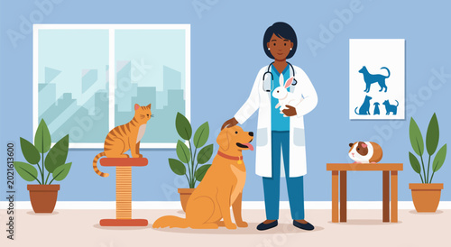 Canvastavla Vector illustration of a caring veterinarian examining a variety of pets, includ