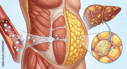 Detailed medical illustration showing visceral fat around the abdominal area and its connection to fatty liver disease in a human body cross-section.