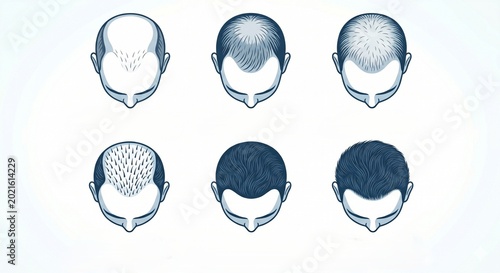 Collection of male head top views showing different stages of hair loss and successful hair transplant progress.