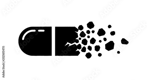 Minimal black silhouette icon, simple flat vector, bold black shape, no, no shading disintegrating medicine pill capsule silhouette on a, flat icon style