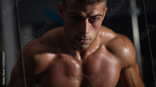 Intense close-up of a muscular man with a focused expression, sweating during a vigorous workout at the gym, highlighting strength and determination
