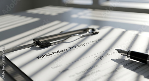 Medical HIPAA Patient Privacy Protection Document on a Clipboard with a Fountain Pen Ready for Signature Illustrating Healthcare Law and Compliance