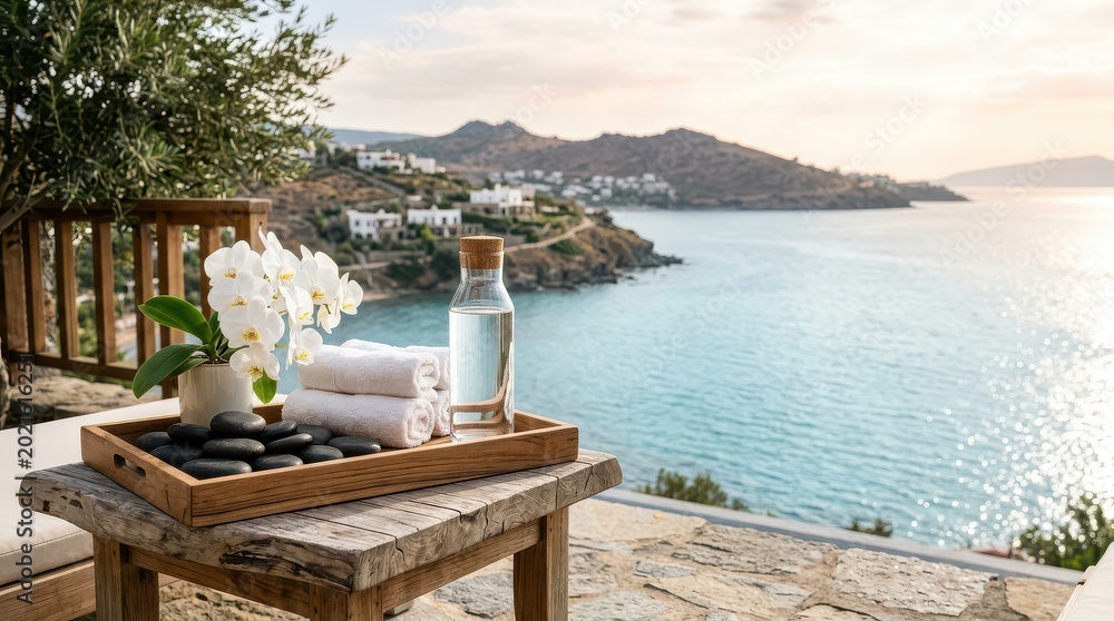 Fototapeta premium Wooden spa table with orchids towels and sea coast view