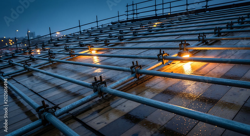 Professional Metal Scaffolding Roof Construction with Warning Lights at Night Highlighting Crucial Site Safety Protocols to Prevent a Potential Scaffolding Accident