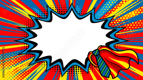 Pop art superhero background with speech bubble cape and necktie