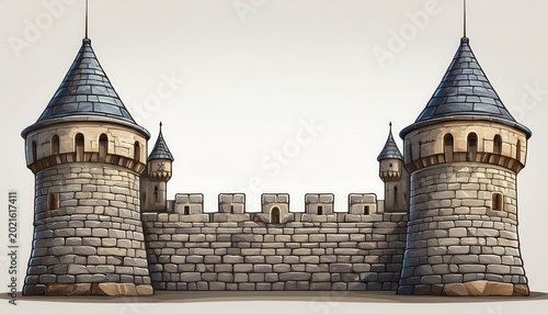 a stone castle wall with turrets and towers on a empty background