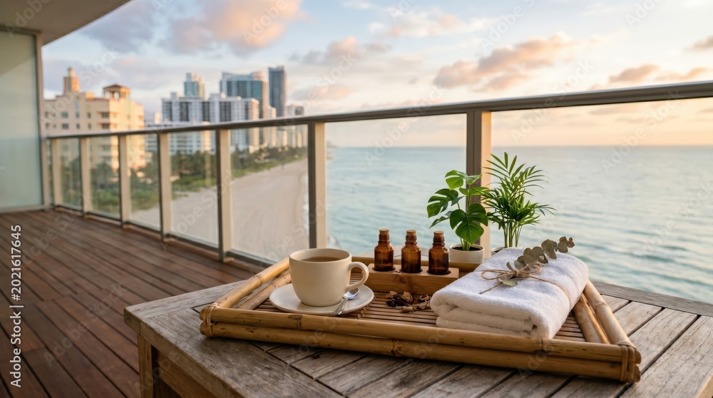 Fototapeta premium Spa tray on balcony with ocean view and city beach