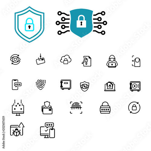 Futuristic AI Cyber Security Shield Icon Set with Digital Protection Vector