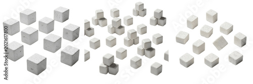 Foto 3D Render of Scattered Pattern of White Sugar Cubes Composition Isolated on Whit