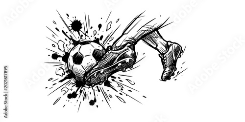 Dynamic black and white soccer cleats kicking ball with motion splash effect
