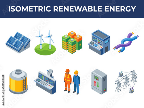 Isometric illustrations showcasing renewable energy sources and infrastructure for a sustainable future