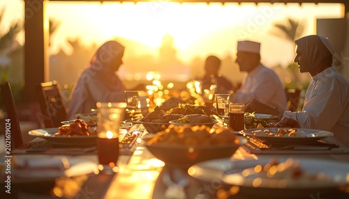 People enjoying a meal together outdoors.