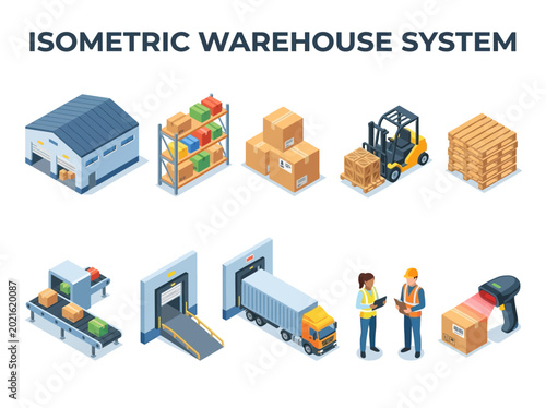 Isometric warehouse system elements including forklifts, trucks, conveyor belts, and storage units