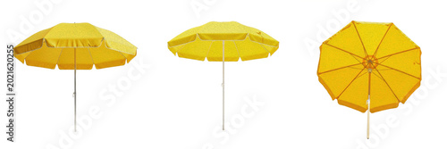 Bild auf Leinwand Bright Yellow Sun Umbrella Open Beach Parasol Isolated on Pure White Background