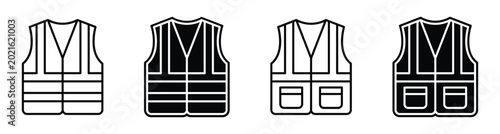 Construction reflective safety vest icon set in solid and outline styles