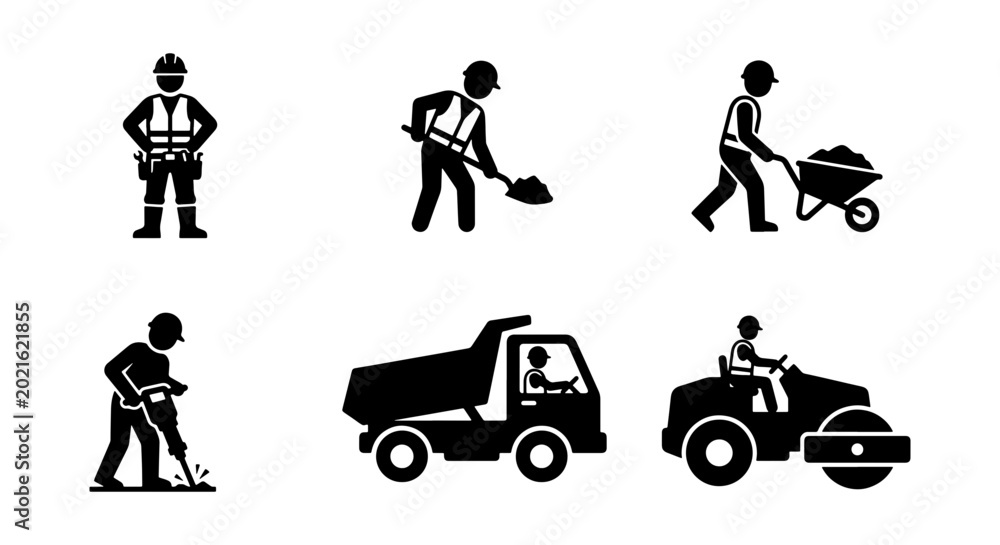 Fototapeta premium Construction Worker Icons, Road Roller, Dump Truck, 6 Vector Elements