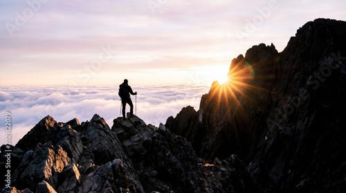 Photos Silhouette of a mountaineer with a backpack standing on a rocky summit, looking at a dramatic sunset over a sea of clouds