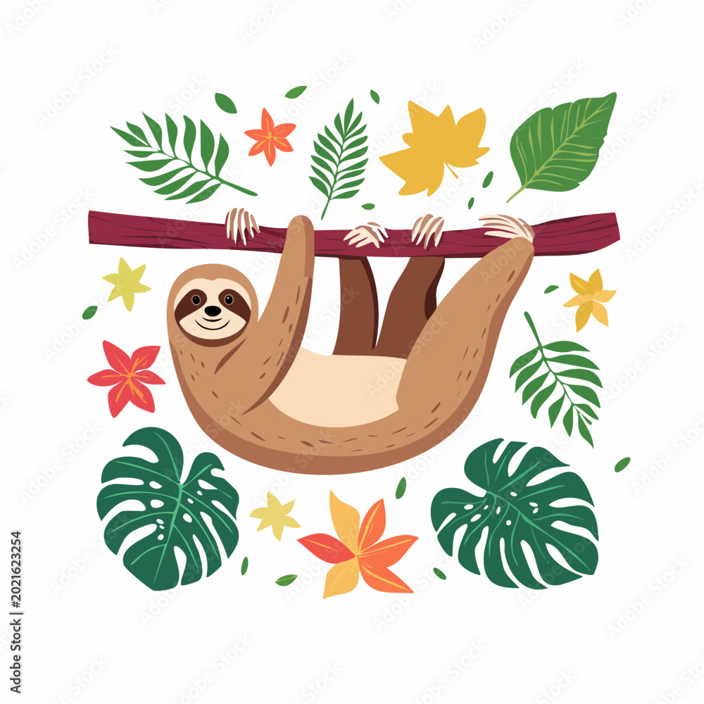 Fototapeta premium Cute Sloth Hanging on a Branch with Tropical Leaves and Flowers