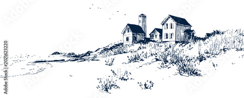 Foto Coastal cottage landscape sketch, beach house illustration, seaside vintage draw