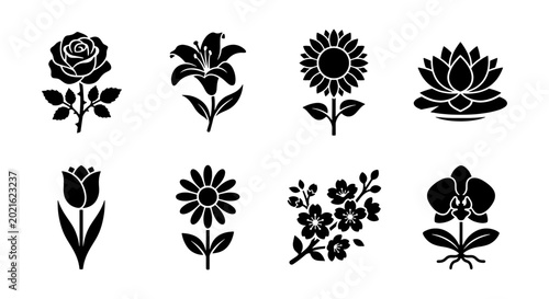 Floral Silhouettes: Rose, Lily, Sunflower, Lotus, Tulip Icons