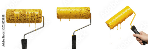 Schilderij op canvas Paint roller with yellow wet paint premium PNG stock photo, realistic renovation