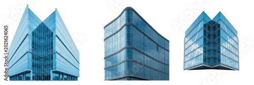Modern glass building exterior architecture premium PNG stock photo, realistic skyscraper facade corner office tower isolated on white transparent background