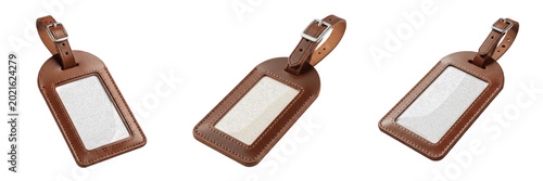 Leather luggage tag premium PNG stock photo, realistic brown leather travel baggage label blank name card identifier isolated on white background asset