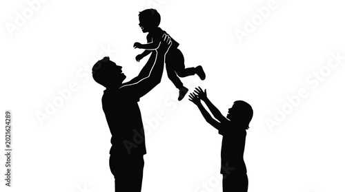 father and children silhouettes playing together on white background
