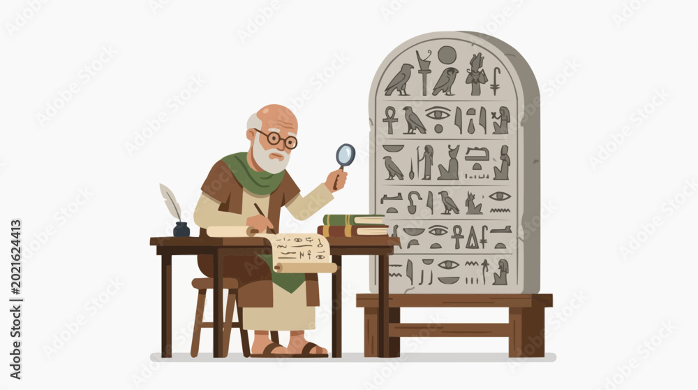 Fototapeta premium Ancient Egyptian scholar studying hieroglyphs on a stone tablet with a magnifying glass