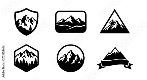 Mountain Icons Set, Nature Landscape Badges, Outdoor Adventure Logos