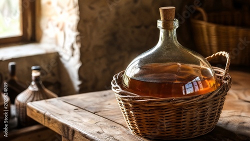 demijohn. Glass demijohn with wicker basket containing amber homemade wine on wooden table. bar promotions, beverage menus, designed for product packaging and bar promotions, inspires menu design.