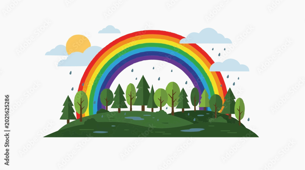Fototapeta premium Vibrant rainbow arches over a lush green landscape with trees and rain