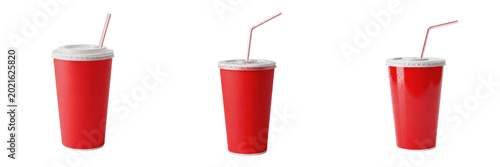 Red paper cup with plastic straw premium PNG stock photo, realistic fast food soda beverage container take away mockup isolated on white background asset