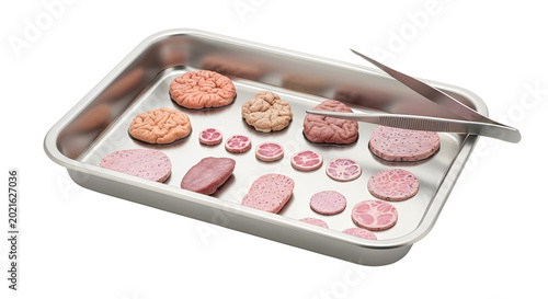 Cultured meat samples in laboratory tray, synthetic lab-grown meat research, cellular agriculture protein slices with surgical tweezers on white background