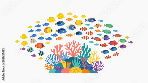 Colorful school of tropical fish swimming around coral reef illustration