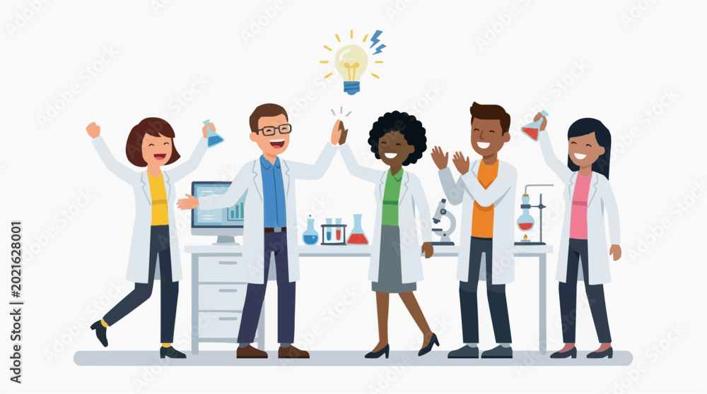 Obraz premium Diverse team of scientists celebrating a successful experiment with a bright idea lightbulb above them