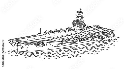 Schilderij op canvas Detailed line drawing of a large aircraft carrier on water with a prominent island superstructure and flight deck