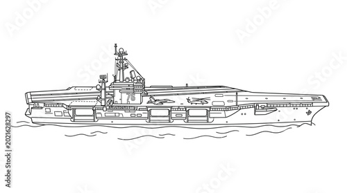 Tableau sur toile Line drawing of a large aircraft carrier on water with a detailed superstructure and deck, set against a plain white background