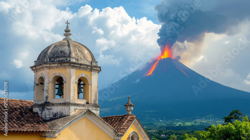 Cinematic close-up of a mustard-yellow church dome with a powerful volcano erupting in the background, dramatic historic Guatemala, landscape concept, AI generated
