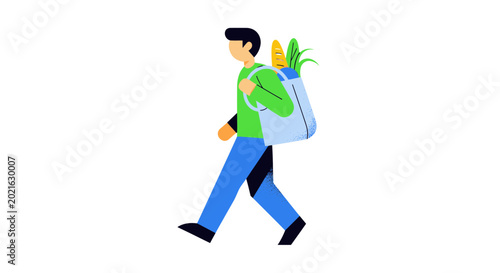 Картината върху платно Man Carrying Groceries in Reusable Bag - Walking with Healthy Food